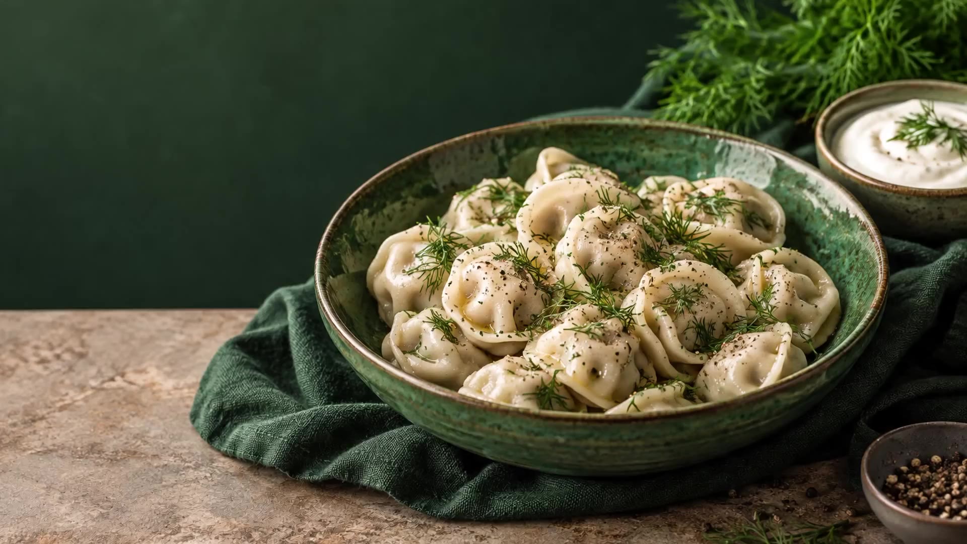 Bowl of cooked halal dumplings with dill